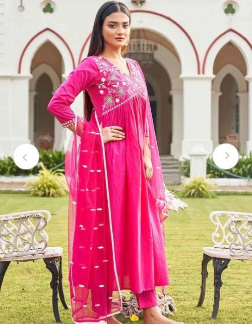 Pure Fine Cotton Embroidery Gown Set with Pant & Net Dupatta