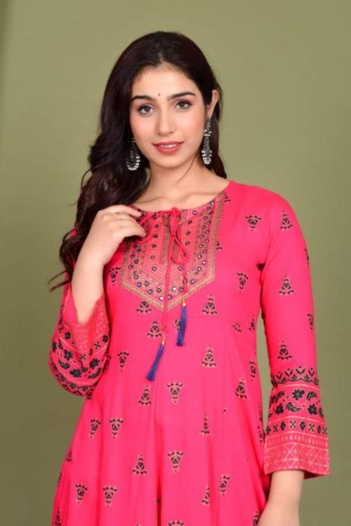 Beautiful Reyon long gown Fabric gold printed kurti with tussle.