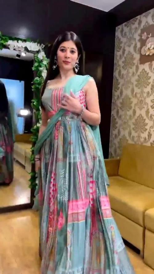 Printed classic strap maxi with belt AMD dupatta.