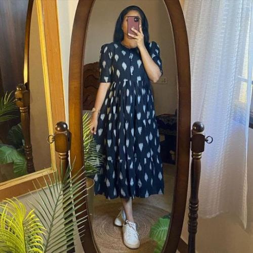  Ikkat Print Cotton Full Flair Middy Gown.