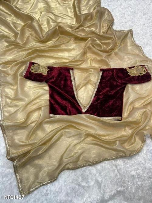 Elegant Tissue Silk Saree with Fancy Lace & Maroon Velvet Blouse