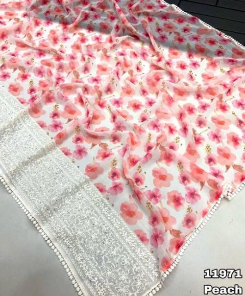 MONTESSA 2 GROGERATTE FLORAL DIGITAL PRINT WITH EMBROIDERY AND SEQUEUNCE WORK WITH LACE BORDER SAREE