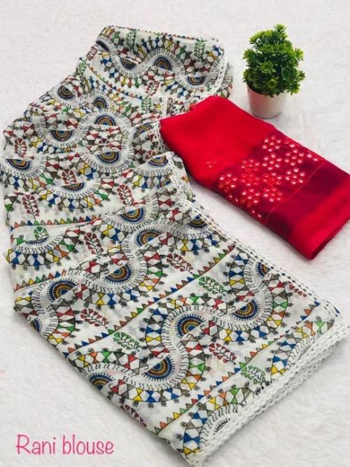 WHITE PRINTED SOFT GRORGETTE SAREE