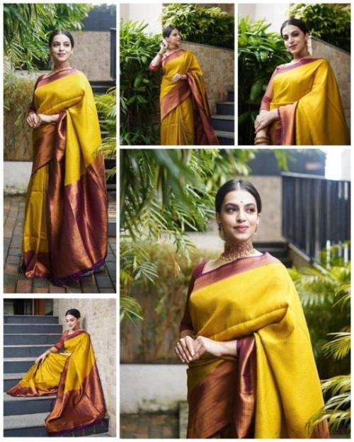 SOFT TUSSHAR SILK SLUB WITH GOLDEN ZARRI WEAVING ZIG ZAG BORDER WITH RUNNING CONTRAST BLOUSE
