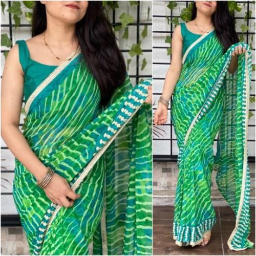 Lehariya printed Georgette With Embroidery work & GPO lace Sarees.