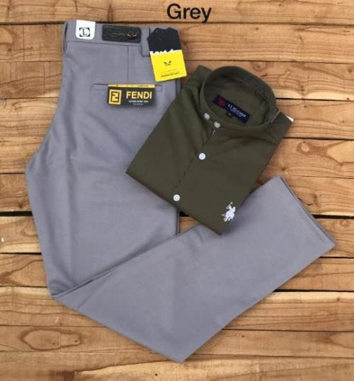 Inspired Ban Collar Cotton Shirt+Lycra Trouser Combo.