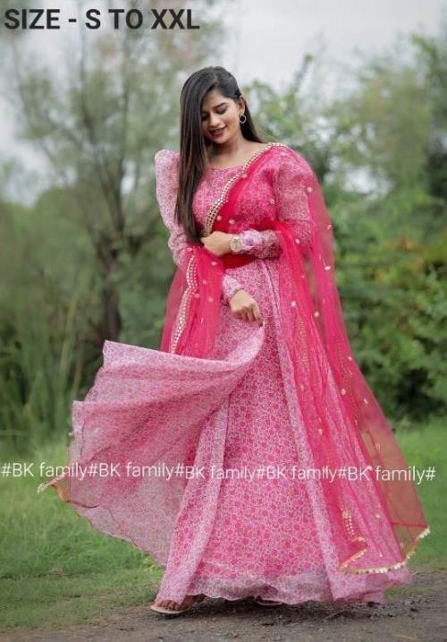Pretty Pink flower printed organza dress with Mirror Net Duptta