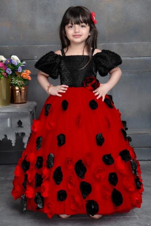 Elegant Party Wear Black and Red Gown with Puff Sleeves.