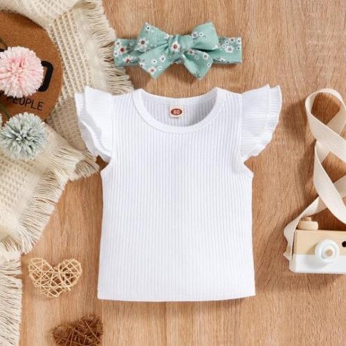 Baby Girl Floral Suspender Dress with Ruffle Sleeves Top and Matching Hairband .