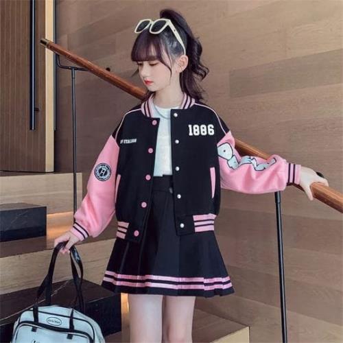 Girls Two-Piece Varsity Jacket with Long Sleeves and Collar, Cute Pleated Skirt Set.
