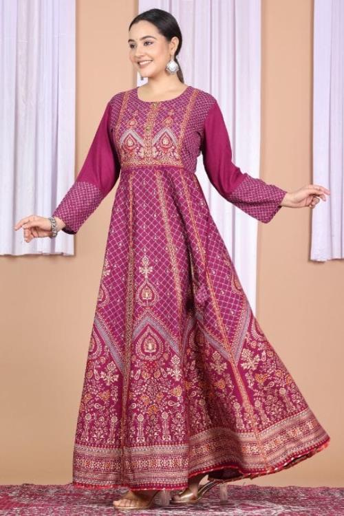 Beautiful Gold Print nd Adda work Long Gown.