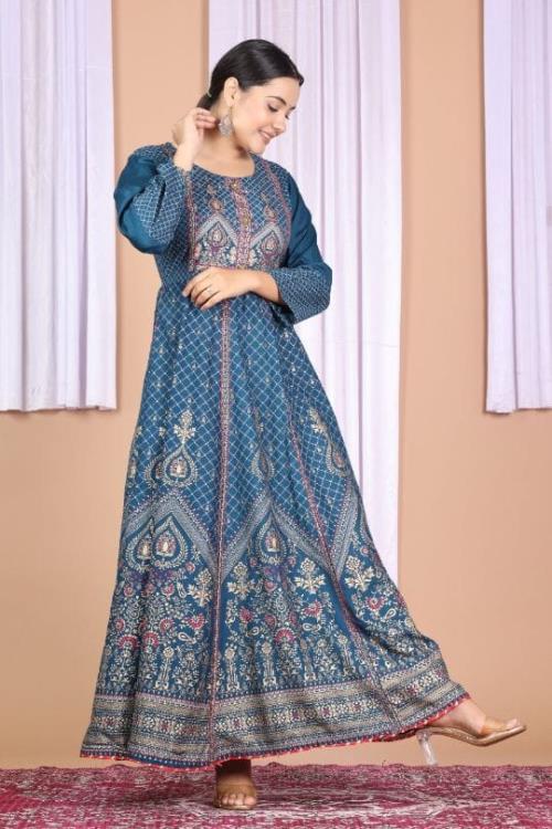 Beautiful Gold Print nd Adda work Long Gown.