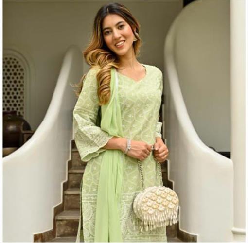 green colour chikenkari embroidered  Kurta set.