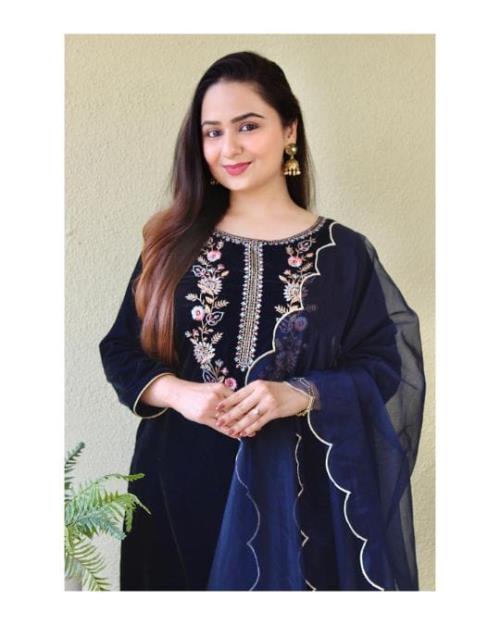 Navy Blue Velvet Suit Set.