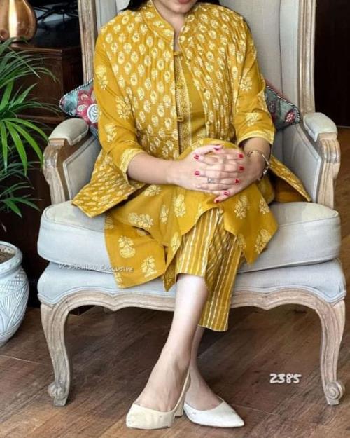 Winter collection of cotton kurti pant set with quilted cotton jacket.