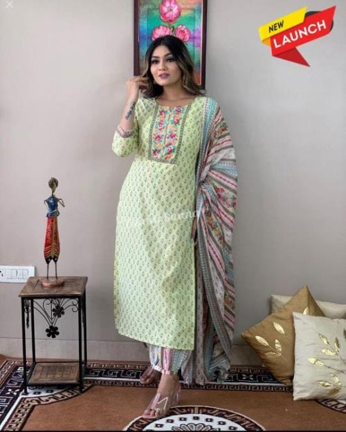 Printed Kurti Paired With Printed pant And Full Printed Dupatta.