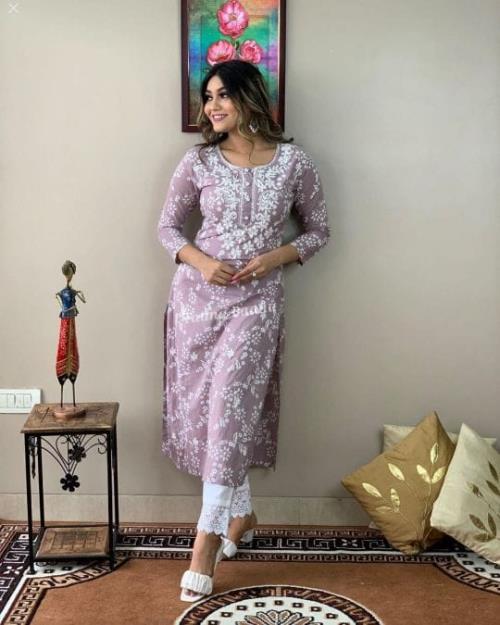 Rayon printed embroidery kurti with Lace work pant.
