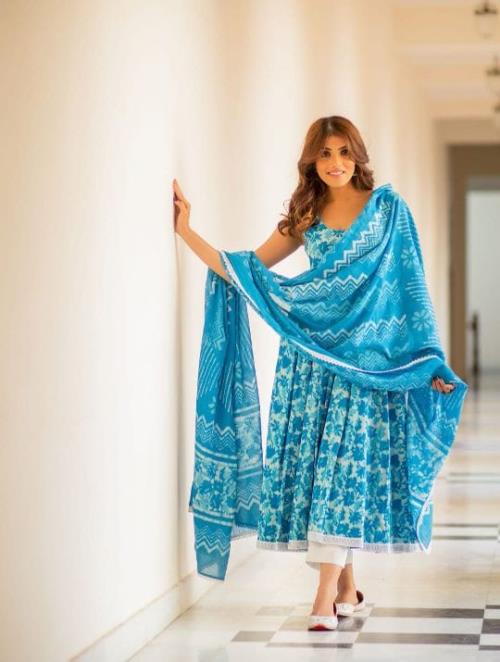  hand block print anarkali style Kurta, pant and dupatta set with gotta less  work Cut sleeve.