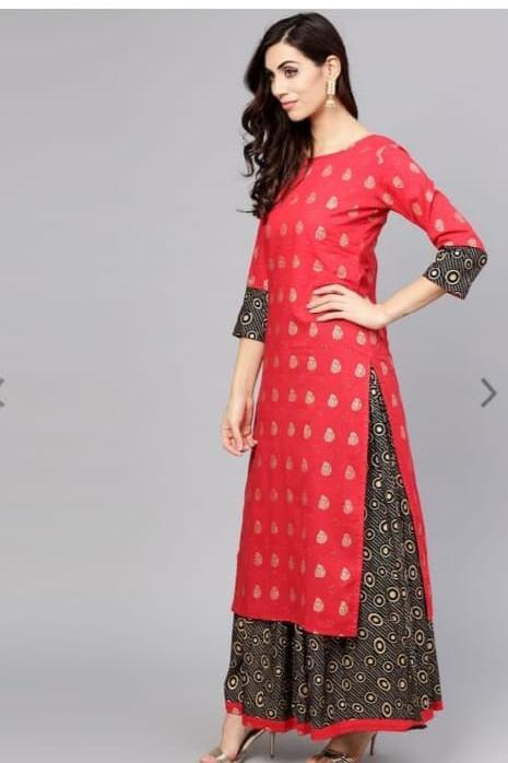 Rayon digital gold print Kurti with beautiful gold printed full flare skirt.