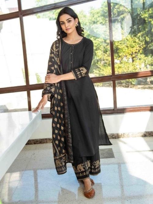  Premium quality Beautiful straight kurta with Pant and Dupatta Reyon gold Printed BORDER.