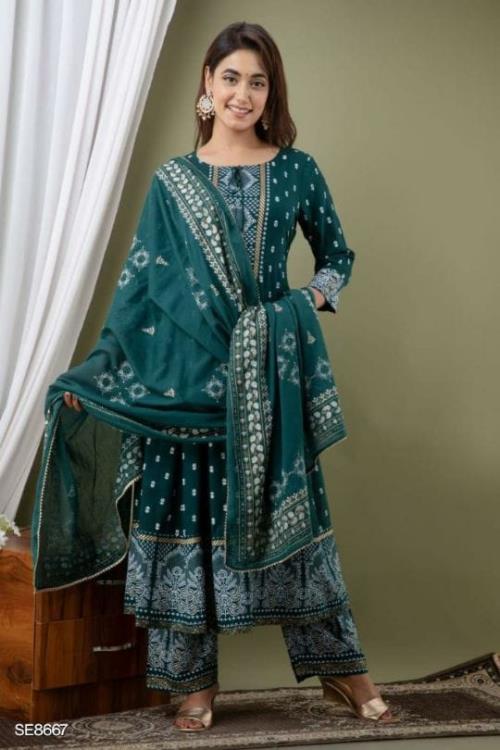  Beautiful Heavy Printed Anarkali Kurti With Tassel And Full Printed Palazzo And Dupatta