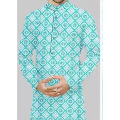 Mens Printed Kurta Cotton Blue