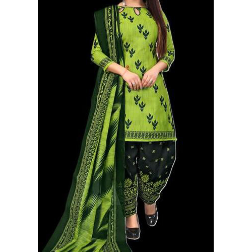 Parrot Green Cotton Printed Unstitched Salwar Suit Material
