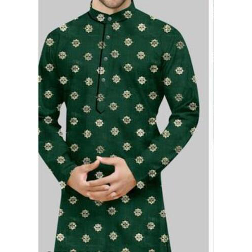 Mens Printed Kurta Cotton Green