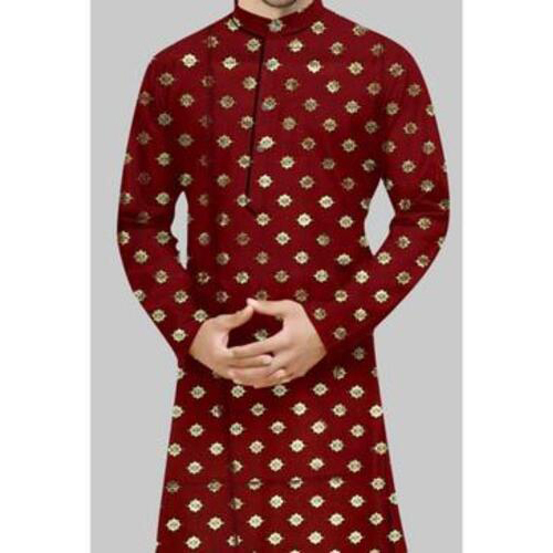 Mens Printed Kurta Cotton Maroon