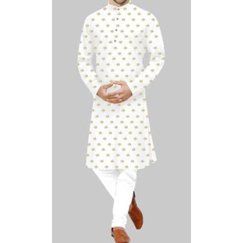 Mens Printed Kurta Cotton White