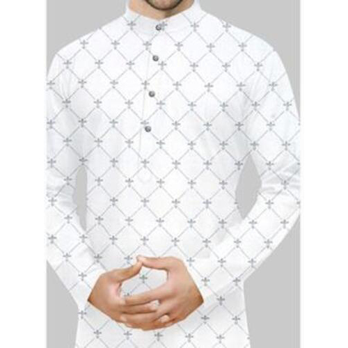 Mens Printed Kurta Cotton White