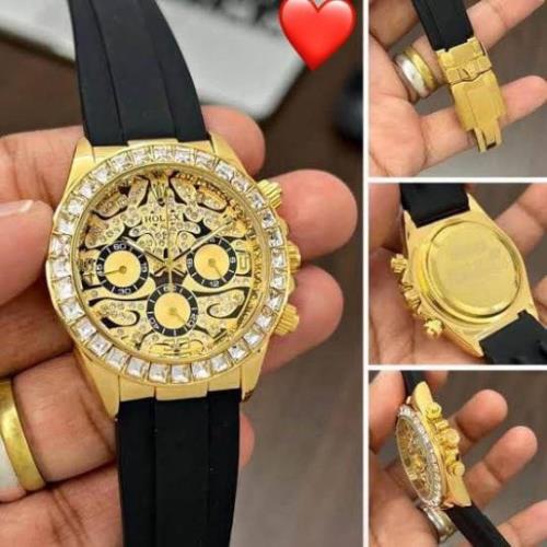 Luxury-Inspired Men's Gold Chronograph Watch – Black Rubber Strap, Diamond Bezel, Designer Skeleton 