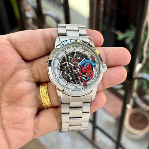  Inspired FOSSIL Superhero Watch for Men - Spider-Man Design, Silver Tone .