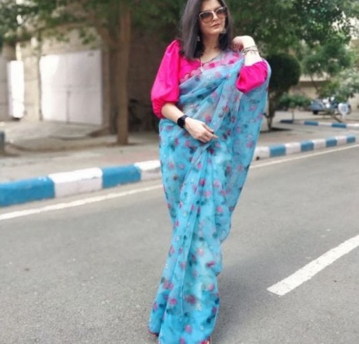 Women's Printed Organza Silk Saree with Beautiful Aari Work | Digital Print | Contrast Banglori Blou