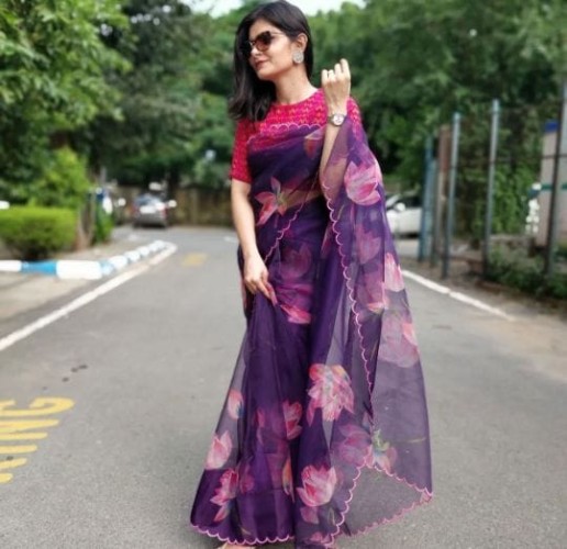 Women's Printed Organza Silk Saree with Beautiful Aari Work | Digital Print | Contrast Banglori Blou