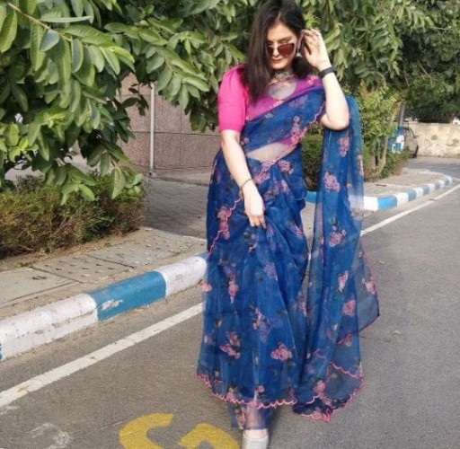 Women's Printed Organza Silk Saree with Beautiful Aari Work | Digital Print | Contrast Banglori Blou