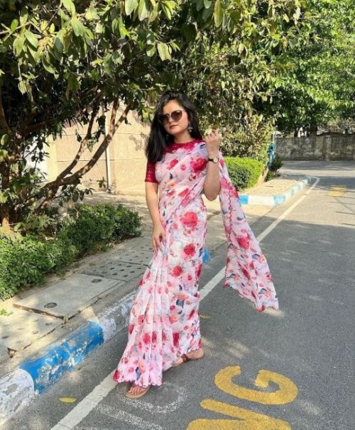 Women's Printed Organza Silk Saree with Beautiful Aari Work | Digital Print | Contrast Banglori Blou
