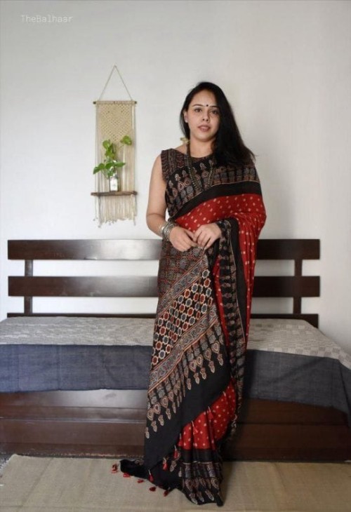 New Launch | Pure Crape Satin Saree with Ajrak Print & Rich Pallu – Elegant Ethnic Saree with Blouse