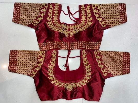 Jari and stone work blouse with heavy work on sleeve and back Superb neckless desgine , Front open. 