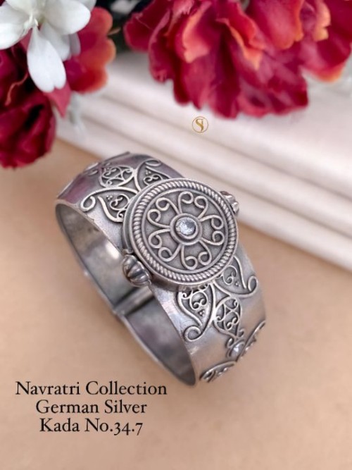 Navratri Special German Silver Kada | Traditional Ethnic Oxidized Bangle Bracelet for Women & Girls 