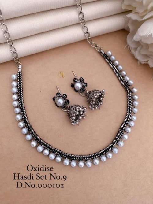 Traditional Oxidized Hasdi Necklace Set with Moti Work | Antique Silver Finish | Ethnic Indian Jewel
