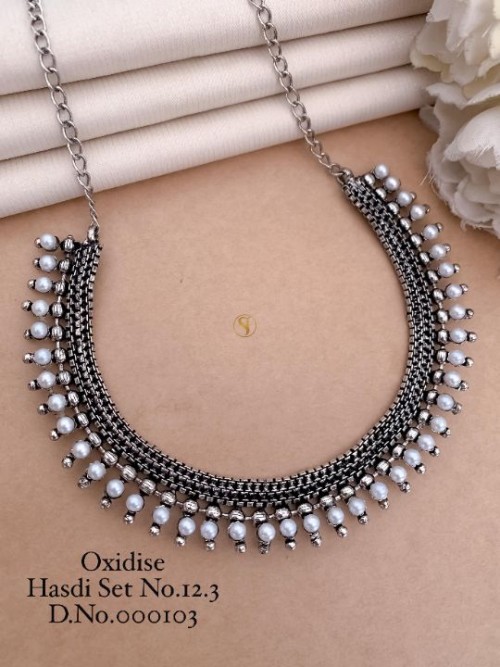 Traditional Oxidized Hasdi Necklace Set with Moti Work | Antique Silver Finish | Ethnic Indian Jewel
