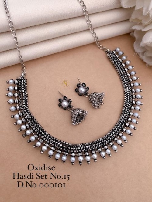 Traditional Oxidized Hasdi Necklace Set with Moti Work | Antique Silver Finish | Ethnic Indian Jewel