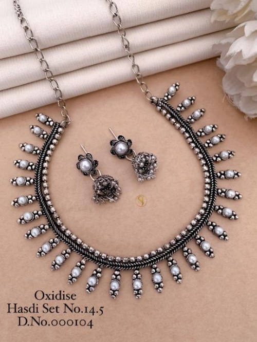 Traditional Oxidized Hasdi Necklace Set with Moti Work | Antique Silver Finish | Ethnic Indian Jewel