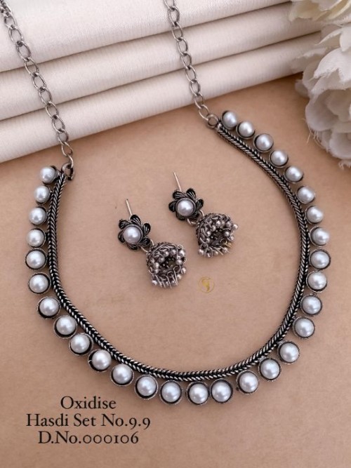 Traditional Oxidized Hasdi Necklace Set with Moti Work | Antique Silver Finish | Ethnic Indian Jewel