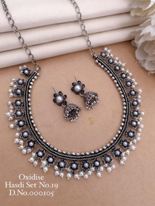 Traditional Oxidized Hasdi Necklace Set with Moti Work | Antique Silver Finish | Ethnic Indian Jewel