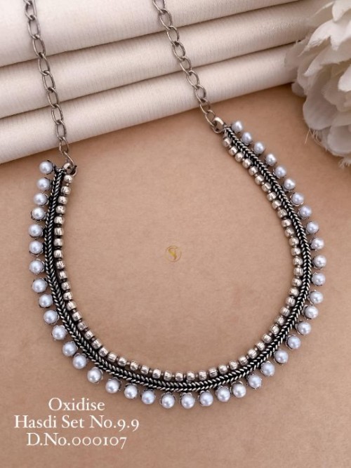 Traditional Oxidized Hasdi Necklace Set with Moti Work | Antique Silver Finish | Ethnic Indian Jewel