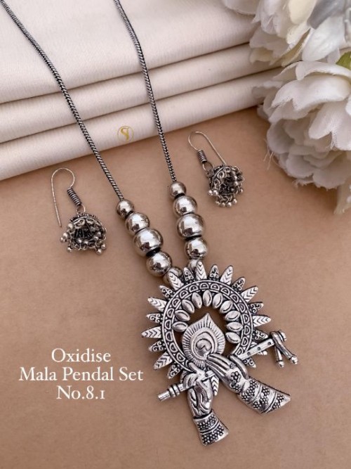 Traditional Oxidized Mala Pendant Set for Women | Antique Silver Finish | Ethnic Necklace with Match