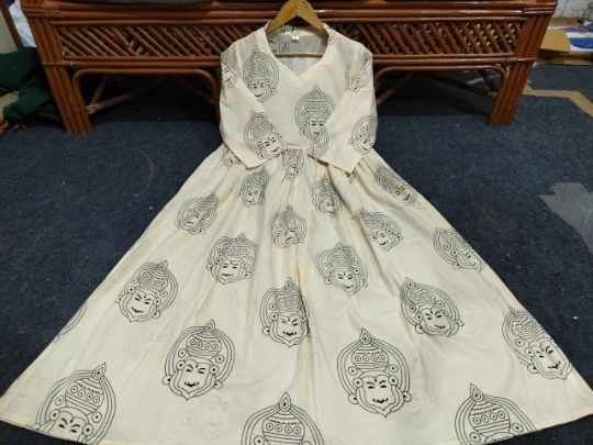 Newly Launched Printed Cotton Midi Gown Dress for Women | Cream Buddha Print | Pure Cotton 60x60 Fab
