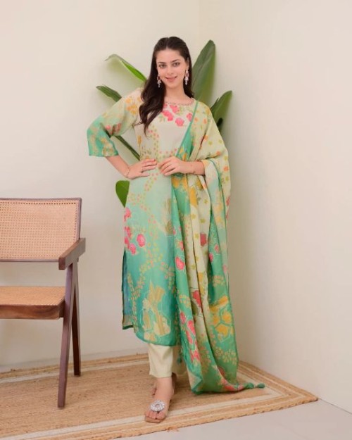 Women's 3 Piece Suit Set – Inspired by Designer Collection | Pure Viscose Assam Silk Kurti with Hand